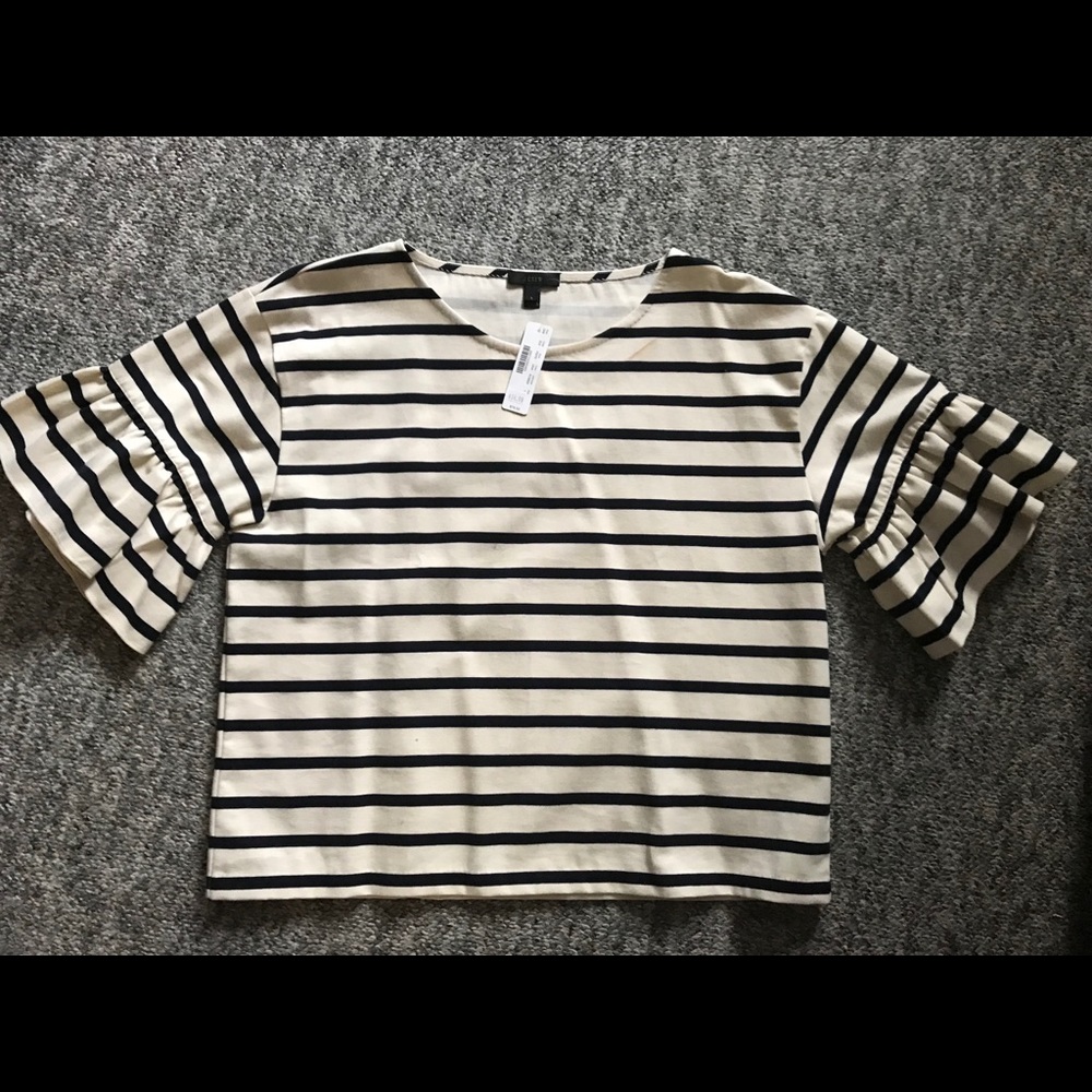 New J Crew blue/white stripe top with bell sleeves